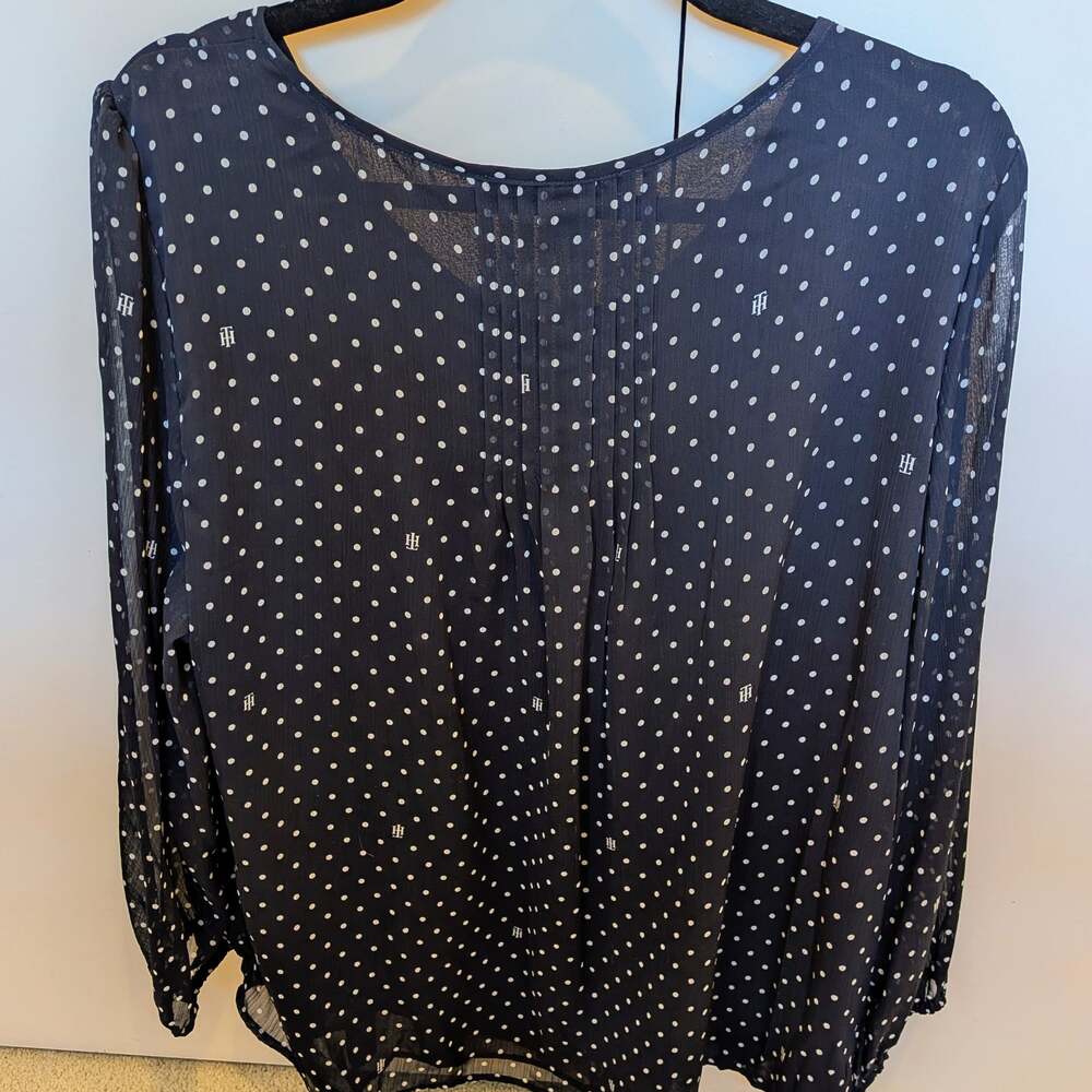 Tommy Hilfiger Navy and White Polka Dot Pintuck Long Sleeve Blouse - Picture 2 of 3